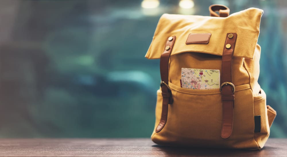 A stylish backpack sits waiting to be carried off to school.